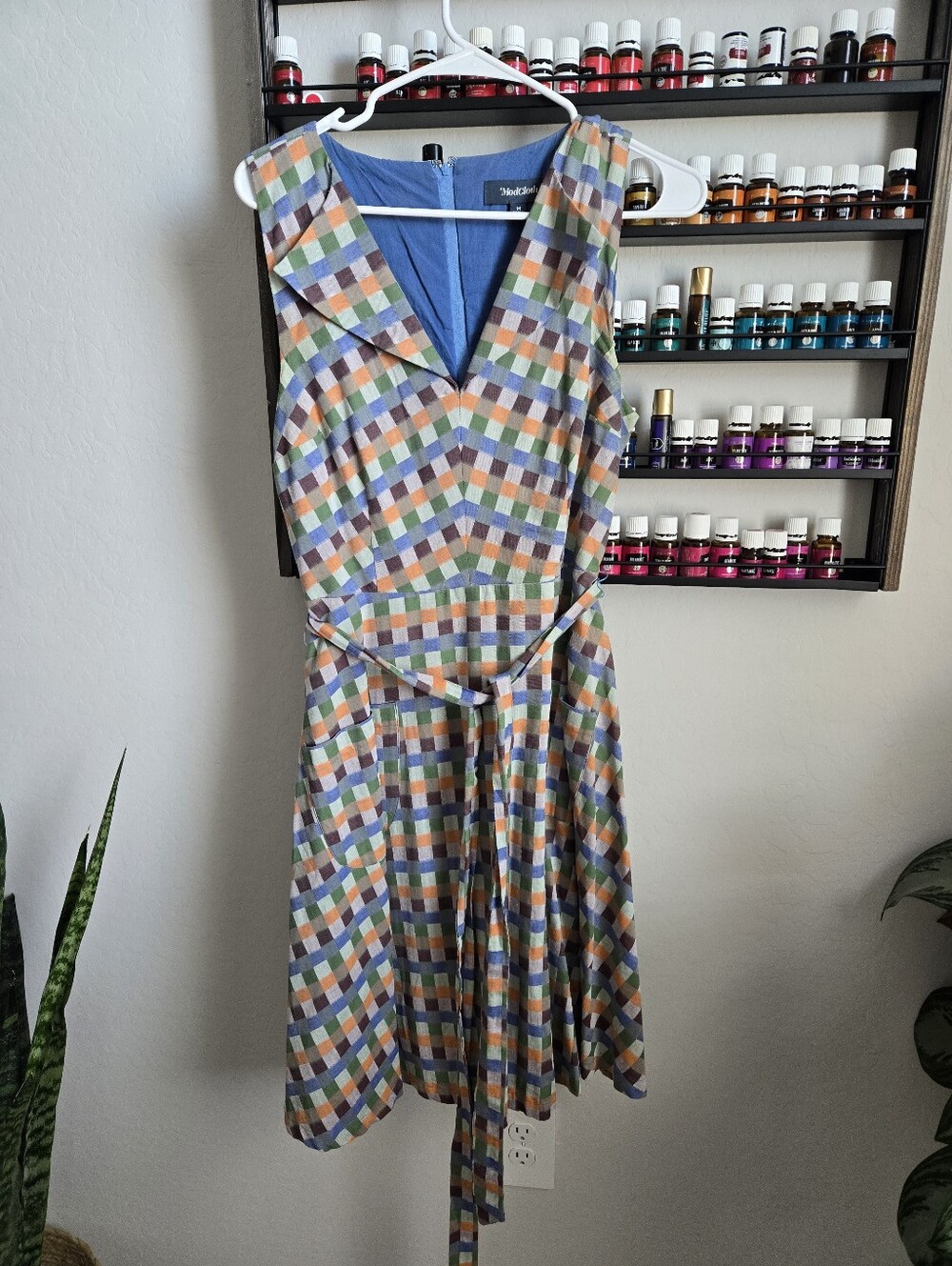 ModCloth Multicolor Checked Midi Dress with Belt Size Medium